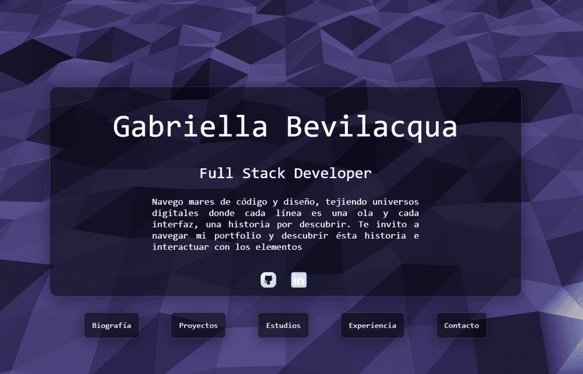 Gabriella Bevilacqua Portfolio mostrando una escena 3D con elementos marinos y una interfaz de usuario elegante